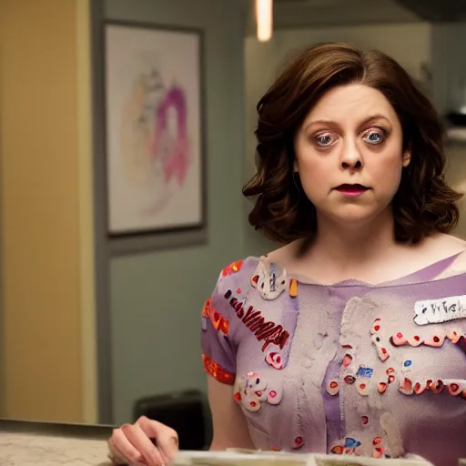 Image similar to rachel bloom dressed like the lady from that cookie wrapper in the trash, ultra detailed, 8 k resolution, ultrarealistic