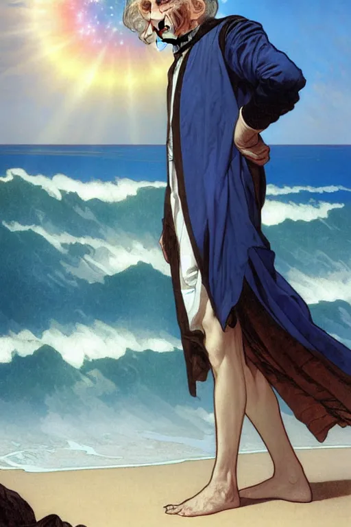 Image similar to the first doctor, william hartnel on a beach, wearing a blue shirt with horizontal rainbow stripe, the ocean in the background, swirling colourful stars in the background, art by artgerm and greg rutkowski and alphonse mucha