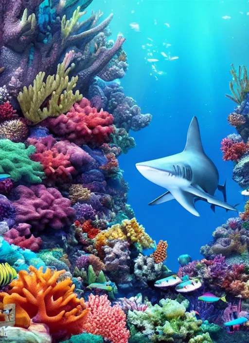 Prompt: a coral reef, bright colours, megaladon shark, hyper realistic, crystal clear blue underwater, 1 million point cloud digital image, unreal engine,