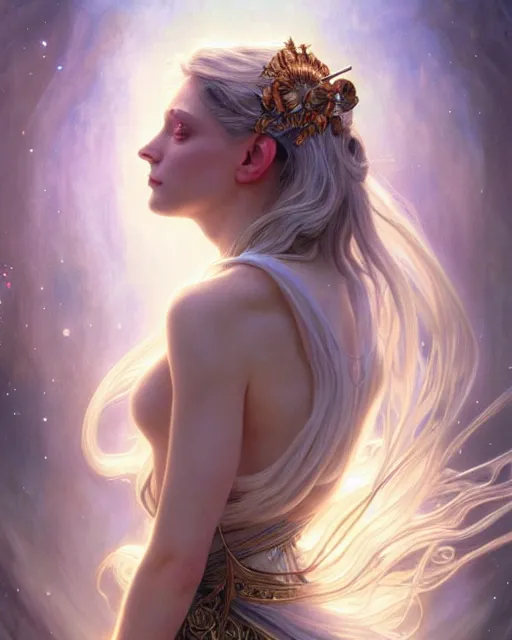 Image similar to realistic portrait of a beautiful white witch, crafting spells, bright witch, beautiful face, fantasy, chaos, magic, dark magic, dramatic lighting, intricate, wild, highly detailed, digital painting, artstation, concept art, smooth, sharp focus, illustration, art by artgerm and greg rutkowski and alphonse mucha, footage from space camera