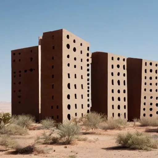 Prompt: big scale baby toy hotel in the dessert, brutalism