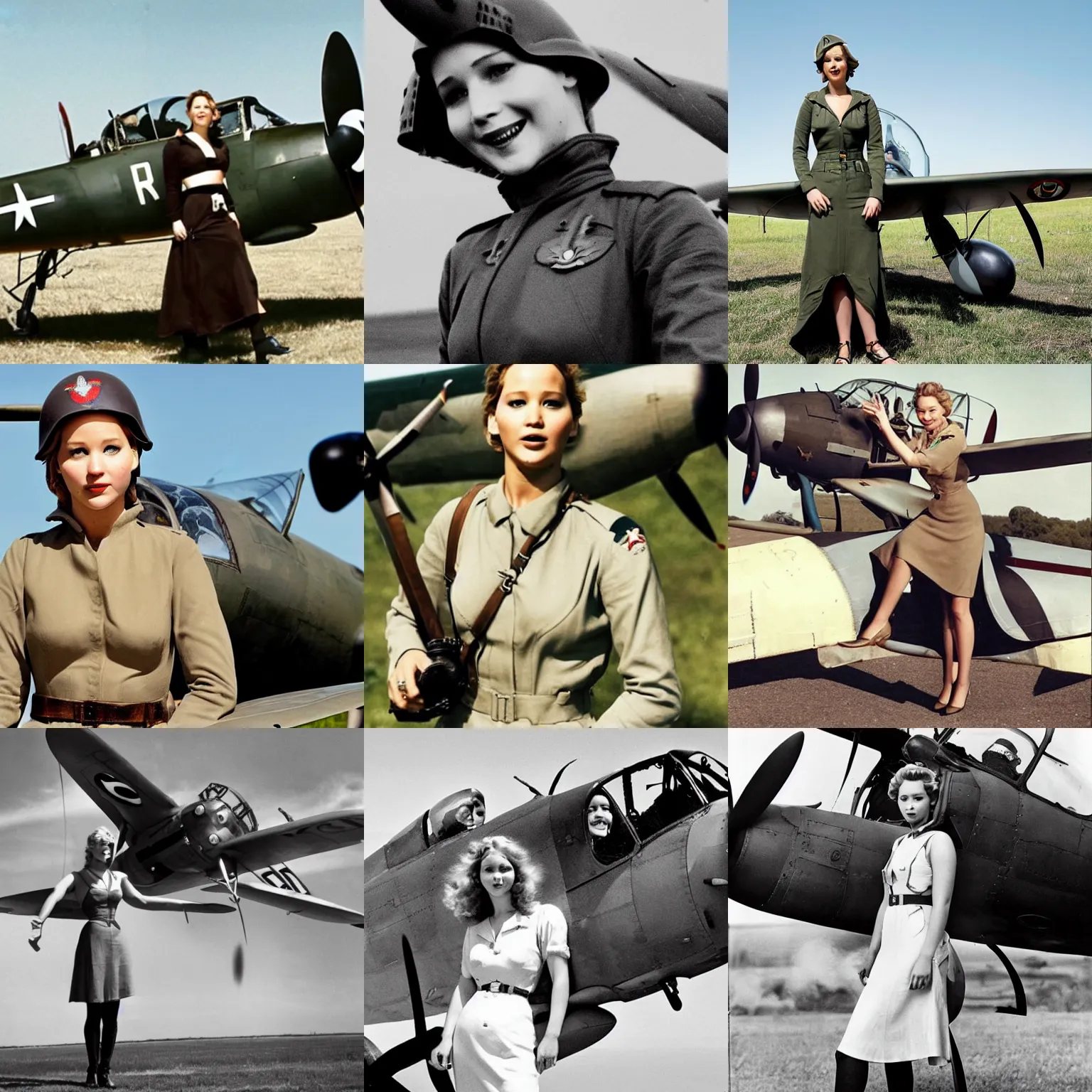 Prompt: Jennifer Lawrence as a WW2 Spitfire pilot, wearing a dress, posing next to her Spitfire plane