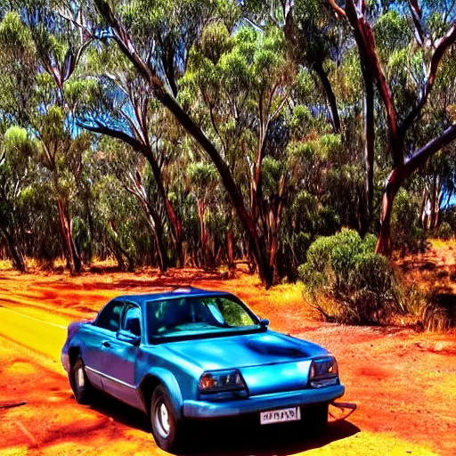 Prompt: driving a car in the australian bush outback psychedelic