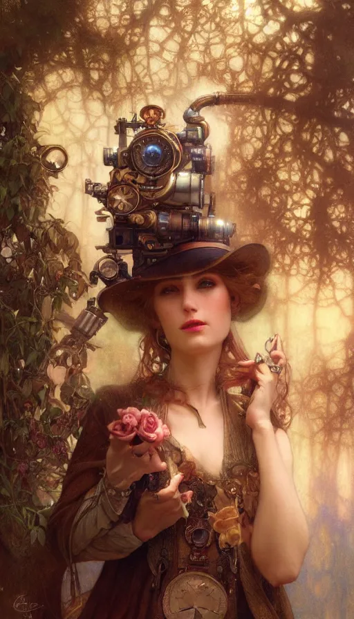 Prompt: hyper realistic photographer looking through camera, magical, steampunk, painted by tom bagshaw, mucha, gaston bussiere, craig mullins, j. c. leyendecker 8 k