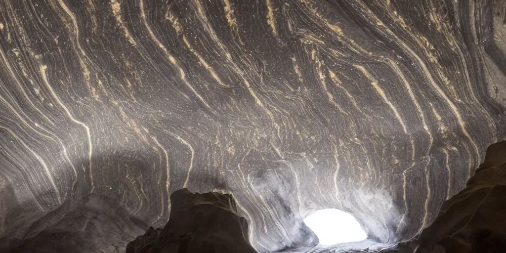 Prompt: a dark cave large and cavernous with some organic cave lights on the ceiling and marbling light streaks