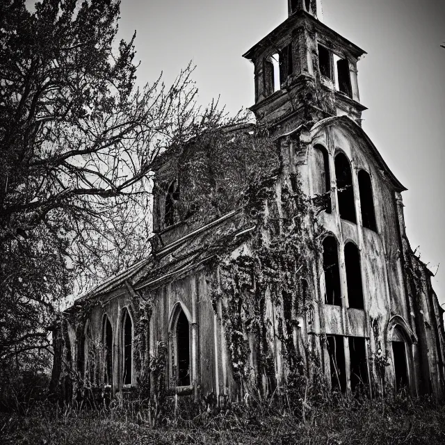 Prompt: abandoned church with overgrown vegetation, vintage infrared photograph