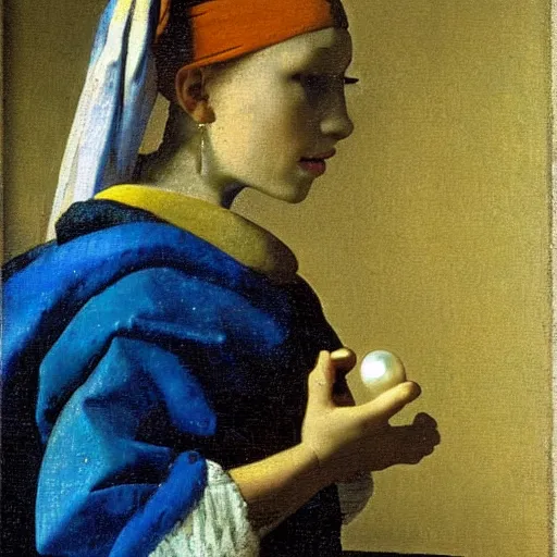 Prompt: Johannes Vermeer painting the girl with a pearl earring painting, by Johannes Vermeer