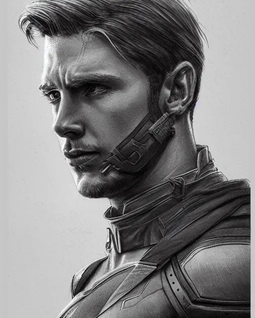 Prompt: portrait of steve rogers, realistic face, black and white drawing, in the style of greg rutkowski, fantasy, amazing detail, epic, intricate, elegant, smooth, sharp focus