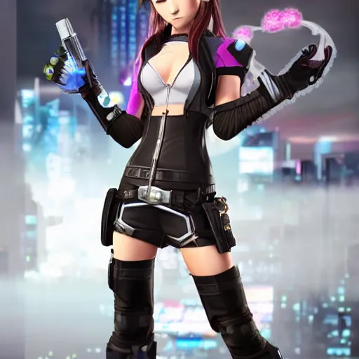 Image similar to Aerith from Final Fantasy wearing cyberpunk plugsuit