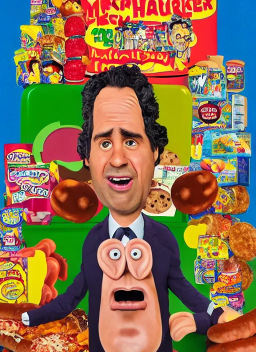 Image similar to hyperrealistic mark ruffalo caricature screaming on a dartboard surrounded by big fat frankfurter sausages with a trippy surrealist mark ruffalo screaming portrait on wallace and gromit by and norman rockwell and lisa frank, mark ruffalo caricature dartboard with hot dogs, breakfast box mascot