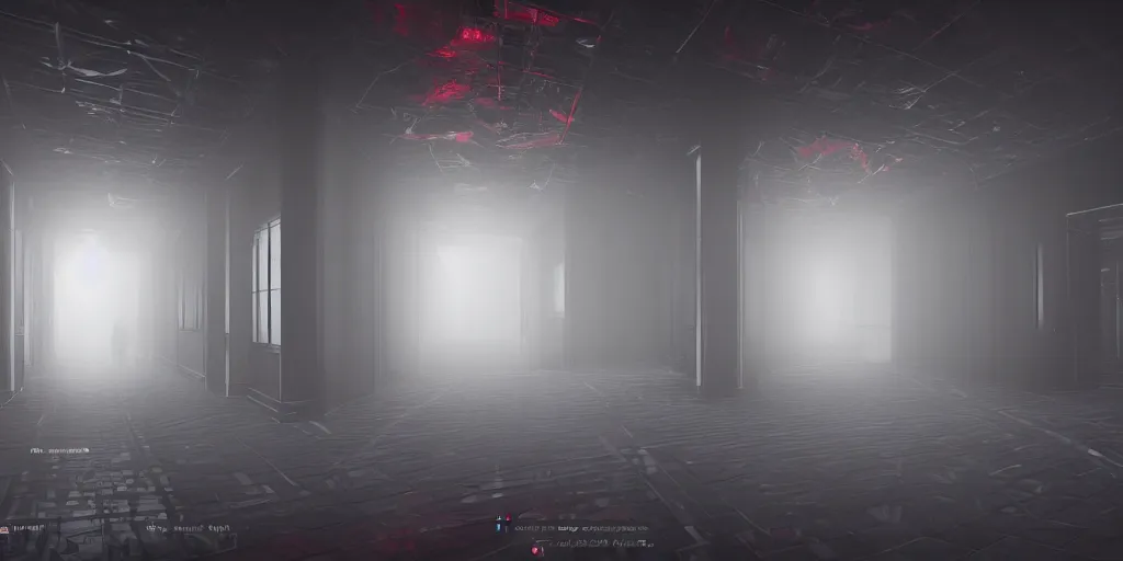 Prompt: a long angle shot of a big dark room with white lights on the celling and a long hallway at the end of the room with red lights on the celling, highly detailed, unreal engine, 4 k, dark, moody, foggy, game render, hyper realistic, ray tracing, path tracing, realistic lightning, black, gray