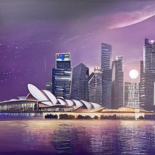 Image similar to a painting of singapore as a moon base, beautiful lighting, ultra realistic