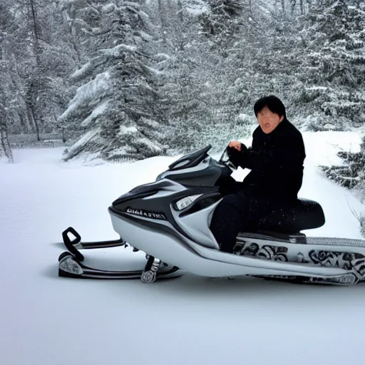 Prompt: jackie chan on a snowmobile