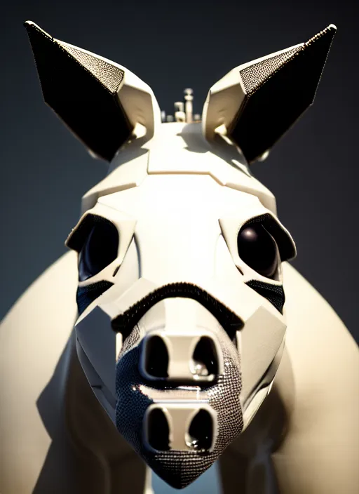 Image similar to hyper detailed ultra sharp portrait of a beautiful fashionable porcelain ivory cyberpunk scifi robo donkey with glowing eyes, up close shot, sharp focus, global illumination, radiant light, black haute couture, alexandre ferra, irakli nadar, octane render, 4 k, ultra hd,