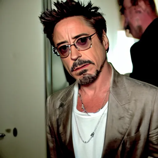 Prompt: Robert Downey Jr. in the bathroom, paparazzi, photography,