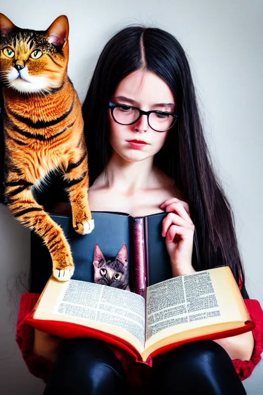 Image similar to photo of bright girl, her cat and her book of necronomicon, symmetrical, cinematic, real dlsr photography, sharp focus, 4 k, ultra hd, sense of awe, sinister demonic atmosphere, dreadful, forbidden knowledge, horrors journal cover