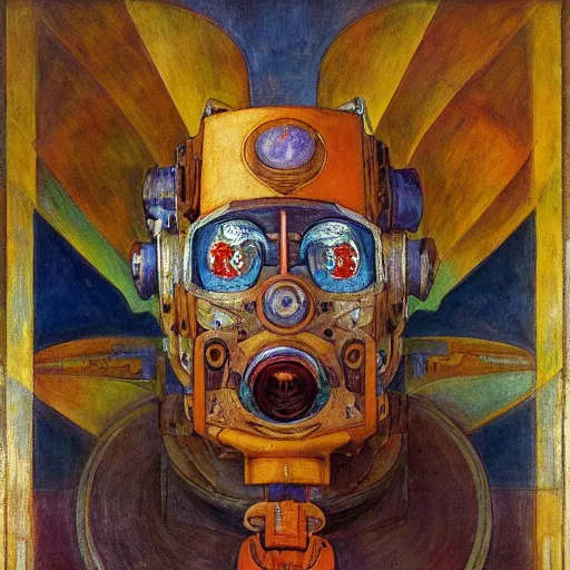 Prompt: painting of the mechanical robot in a floral mask, by annie swynnerton and diego rivera and nicholas roerich and jean delville, symbolist, dramatic lighting, elaborate geometric ornament, art brut, soft cool colors, smooth, sharp focus, extremely detailed, adolf wolfli and donato giancola