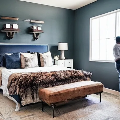 Image similar to hgtv show where a married couple help design lonely men's bedrooms