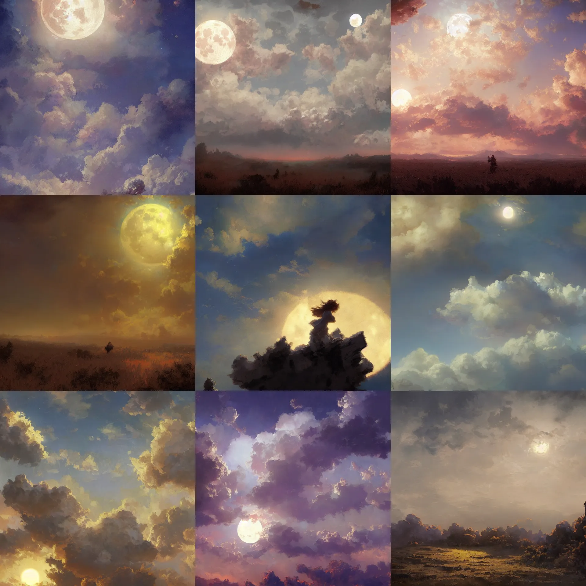 Prompt: digital art painting of a full moon sky, fluffy clouds painted by craig mullins and gaston bussiere and greg rutkowski, dramatic lighting