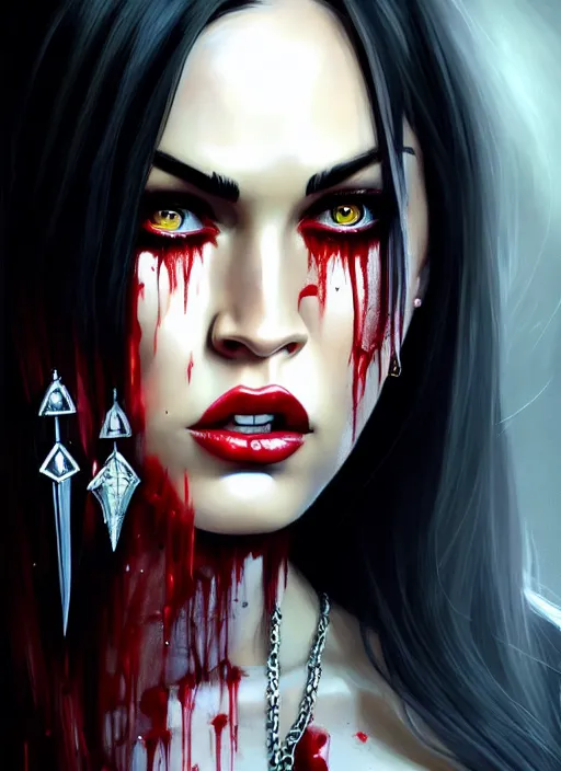 Image similar to portrait of megan fox as a evil vampire queen baring her fangs, bloody tears, jewelry, greek, dark, fangs, intricate, headshot, fangs, key visual, conceptart, ambient lighting, highly detailed, digital painting, artstation, concept art, sharp focus, by makoto shinkai and akihiko yoshida and greg manchess