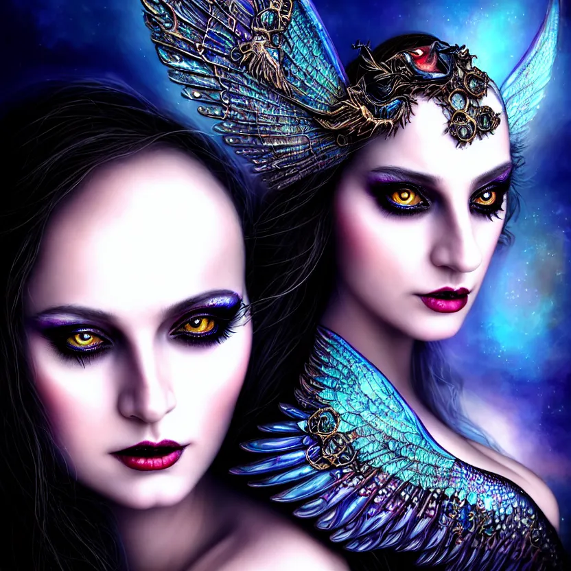 Image similar to close up portrait on the enchanting femenine witch, hyper attractive, seductive, very complex, hyper-maximalist, overdetailed, legendary cinematic, darkfantasy, archetype with timeless beauty breathtaking eyes & glowing wings, collossal moon rising behind her with bird shadows, highly intricate, digital art, very elegant, HDR 8K, biblical art, realism, incomprehensible yet perspicious detail, unbeatable quality, silent hill aesthetic, photorealistic, lifelike, DSLR 8k, unbeatable coherency, Omnious intricate, octane render, created Nixeu & z--ed from deviantart
