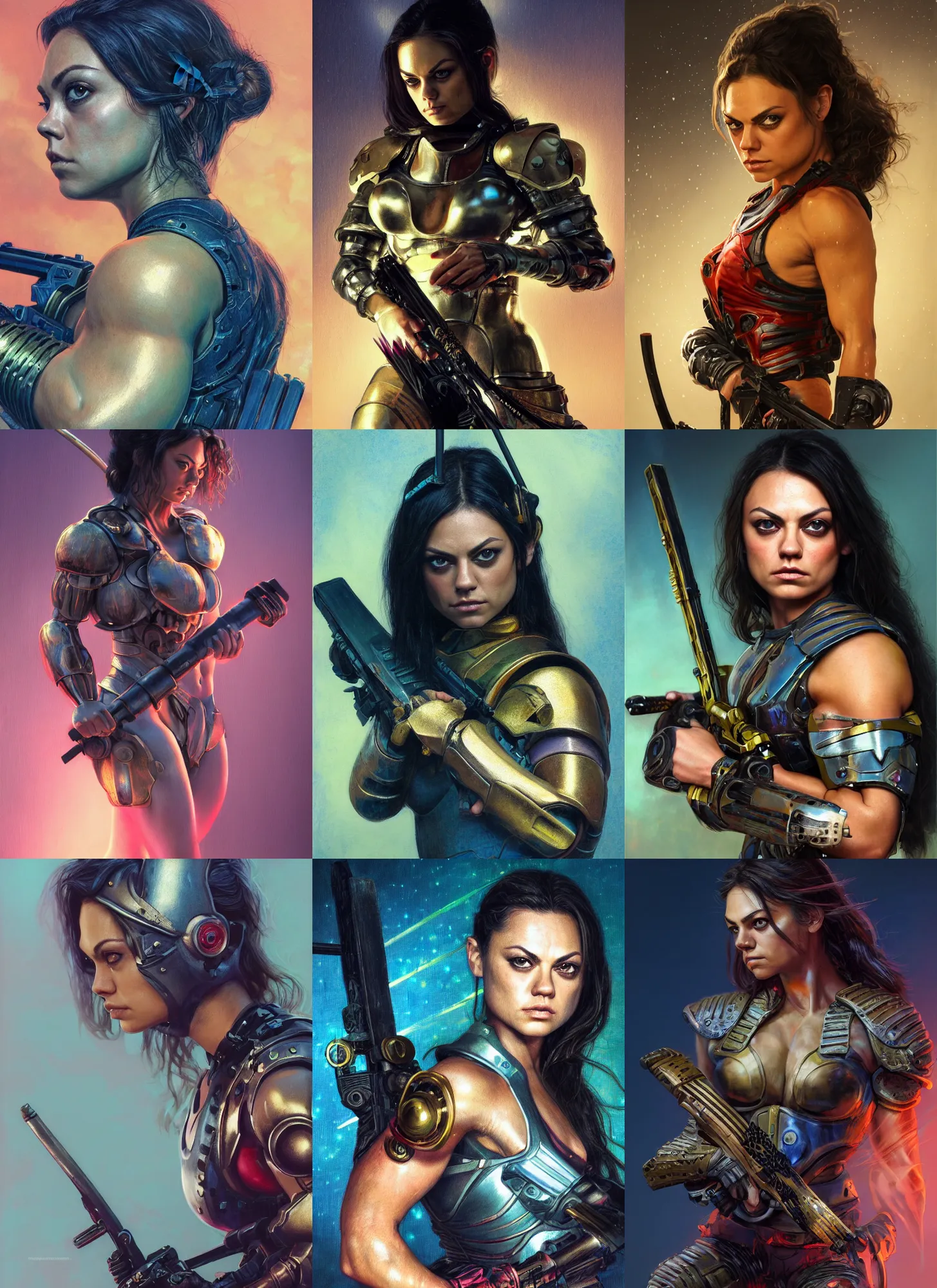 Prompt: bodybuilder mila kunis closeup portrait of a beautiful biblical diabolical samurai girl holding a rifle, cyborg neon armor, foggy fireflies, cinematic studio light, golden hour, gerald brom, mikhail vrubel, peter elson, muted pastel colors, extreme detail, light rain, trending on artstation, 8 k