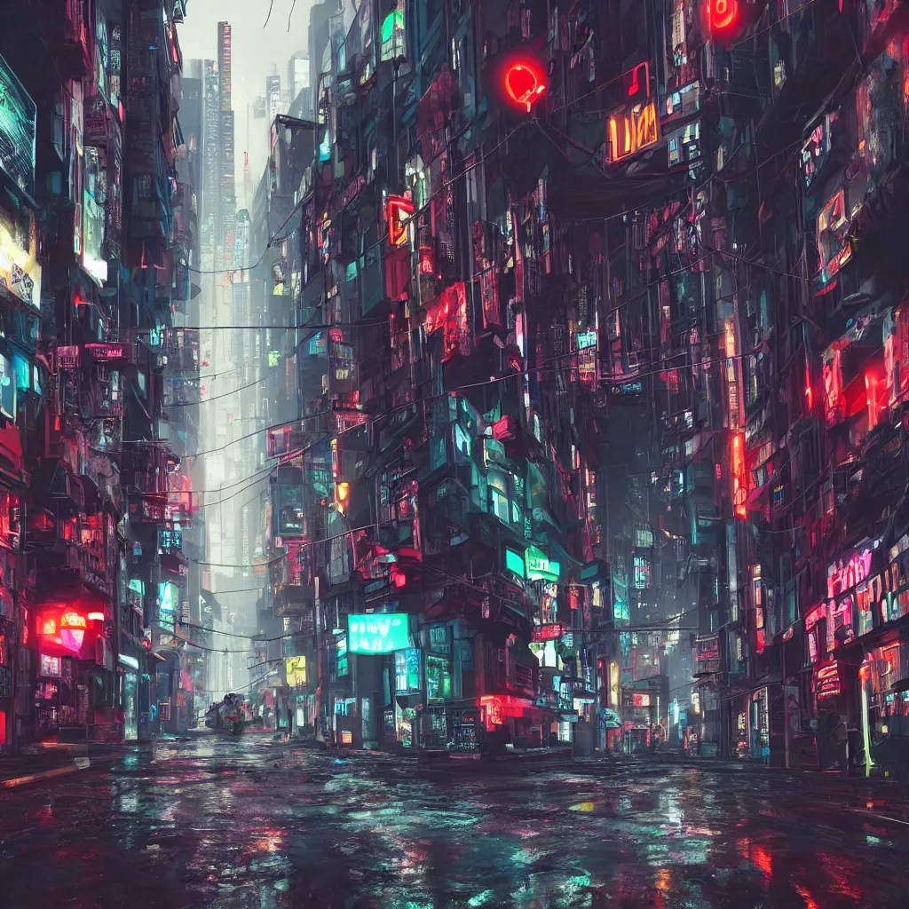 Image similar to cyberpunk narrow street. Tall buildings. Neon signs. Wires, garbage. Cans on the ground. Rain. Reflective ground. High details. Ultra realistic. Futuristic. Artstation trending. Unreal engine.