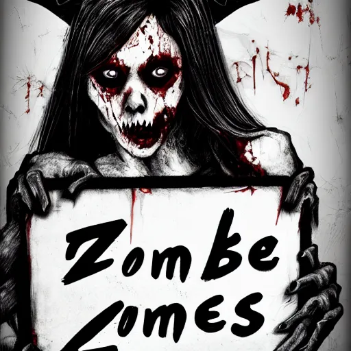Prompt: a zombie girl holding a blank sign by chet zar