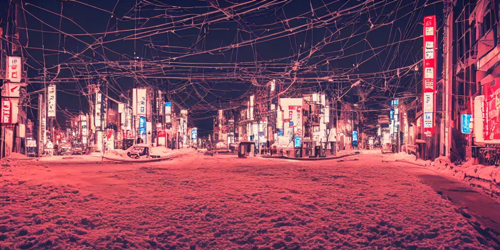 Image similar to a city street at night, snowing, photograph, cyberpunk, sharp focus, intricate detail, drone shot, high resolution, 8k, neon streetlights, wires hanging down everywhere, Japan, colourful, Shrine in centre,