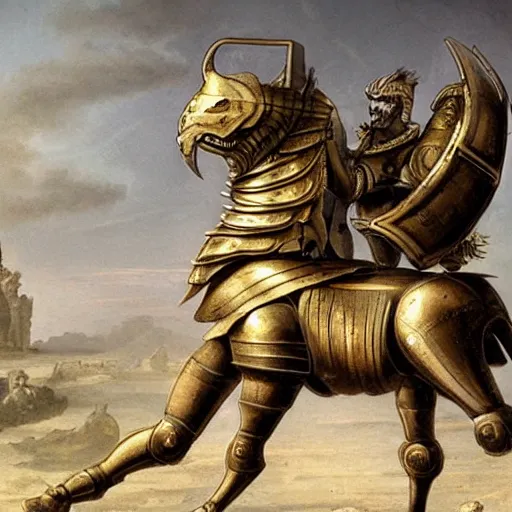 Prompt: photo of an armoured centaur with a scorpion tail