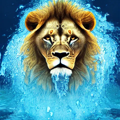 Prompt: a male lion's face breaching through a wall of water, headshot, water sprites, splashing, deep blue ocean, highly detailed, realistic digital art, trending on artstation