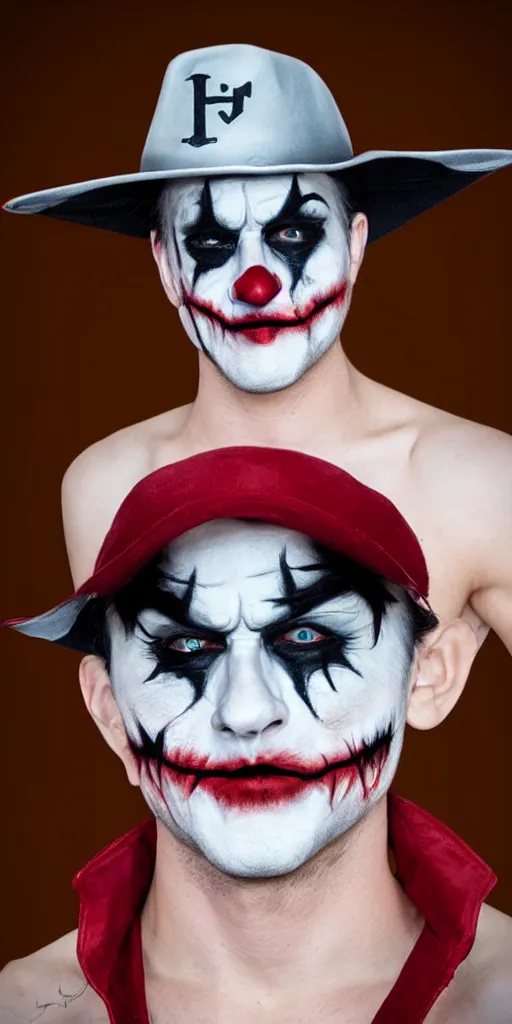 Image similar to a male model with glowing inferno eyes hat in joker makeup, frontal view, cool looking