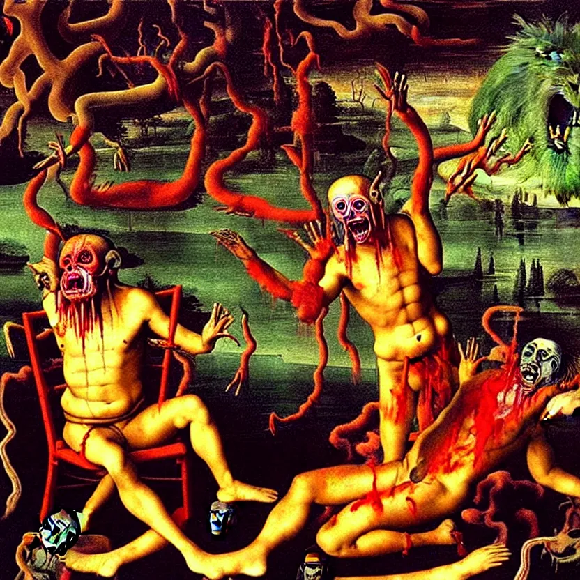 Image similar to a sacred painting of a beautiful flesh - eating timikawa with rainbow fur eating a screaming man, sitting on chair made of human limbs, the chair is floating in a lake of blood, surrounding the lake are melting trees, nightmare scene, supernatural, highly detailed, creepy, terrifying, famous painting by raphael and salvador dali