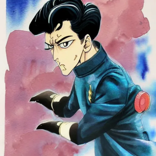 Image similar to young boy angry, pompadour hairstyle, art by hirohiko araki, jotaro kujo, action pose, manga cover, watercolor