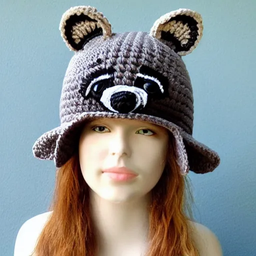 Image similar to a crocheted raccoon hat, very detailed animal hat, cute details, product photo, promotional image