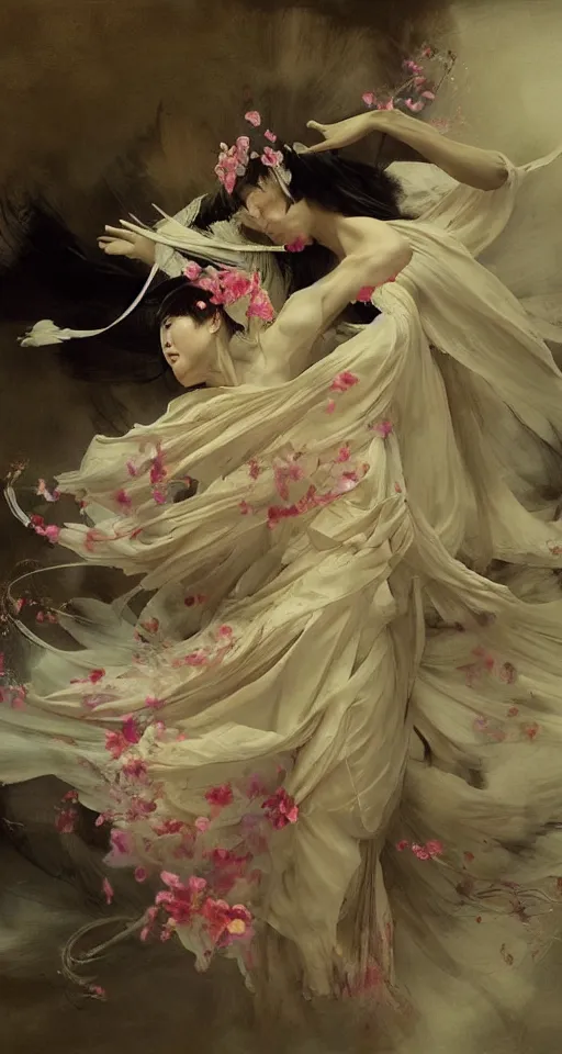 Prompt: top angle view, wide lens of multiple asian female ghost draped in rotten flowery dress, dancing with each other, beautiful concept painting by caravaggio, ruan jia, jakub rebelka, artgerm, greg rutkowski, edgar maxence