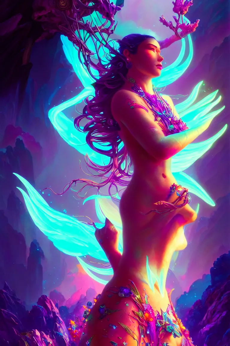 Prompt: epic scale cinematic full body chromaticity goddess character concept perfect focus closeup macro photography of a beautiful colorful crystals powder liquids, glowing fluorescent velvet neon blacklight hues and saturation, sacred dmt weed goddess visionary fantasy art by greg rutkowski android jones artgerm max chroma mucha rule of thirds golden ratio alien plants