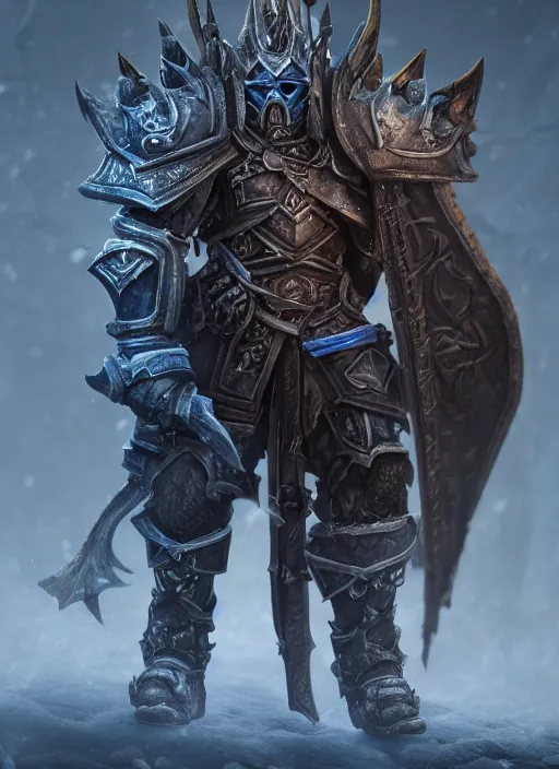 Image similar to а fantasy Lich King inspired blizzard games, full body, detailed and realistic, 4k, trending on artstation, octane render