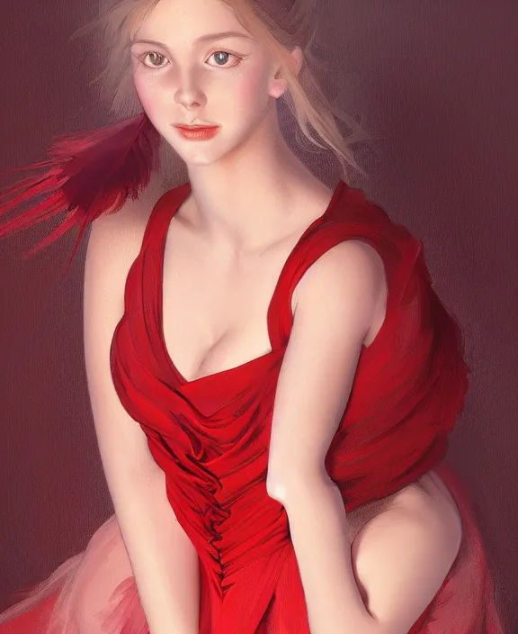 Prompt: teen girl in dress made of red feather, realistic portrait, highly detailed, digital painting, artstation, concept art, smooth, sharp focus, illustration, cinematic lighting, art by artgerm and greg rutkowski and alphonse mucha and boris vallejo and frank frazetta