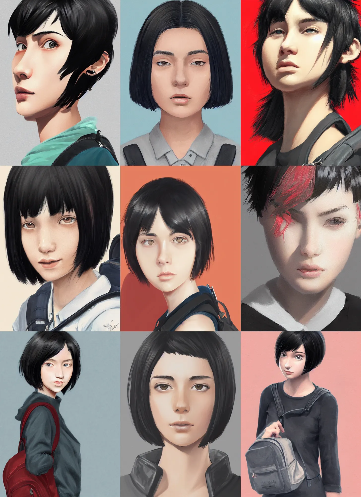 Prompt: Close-up portrait of kind young woman with short black hair in a bob cut, with a backpack, slightly dirty face, portrait, highly detailed, digital painting, artstation, concept art, sharp focus, illustration, art by Kohei Horikoshi