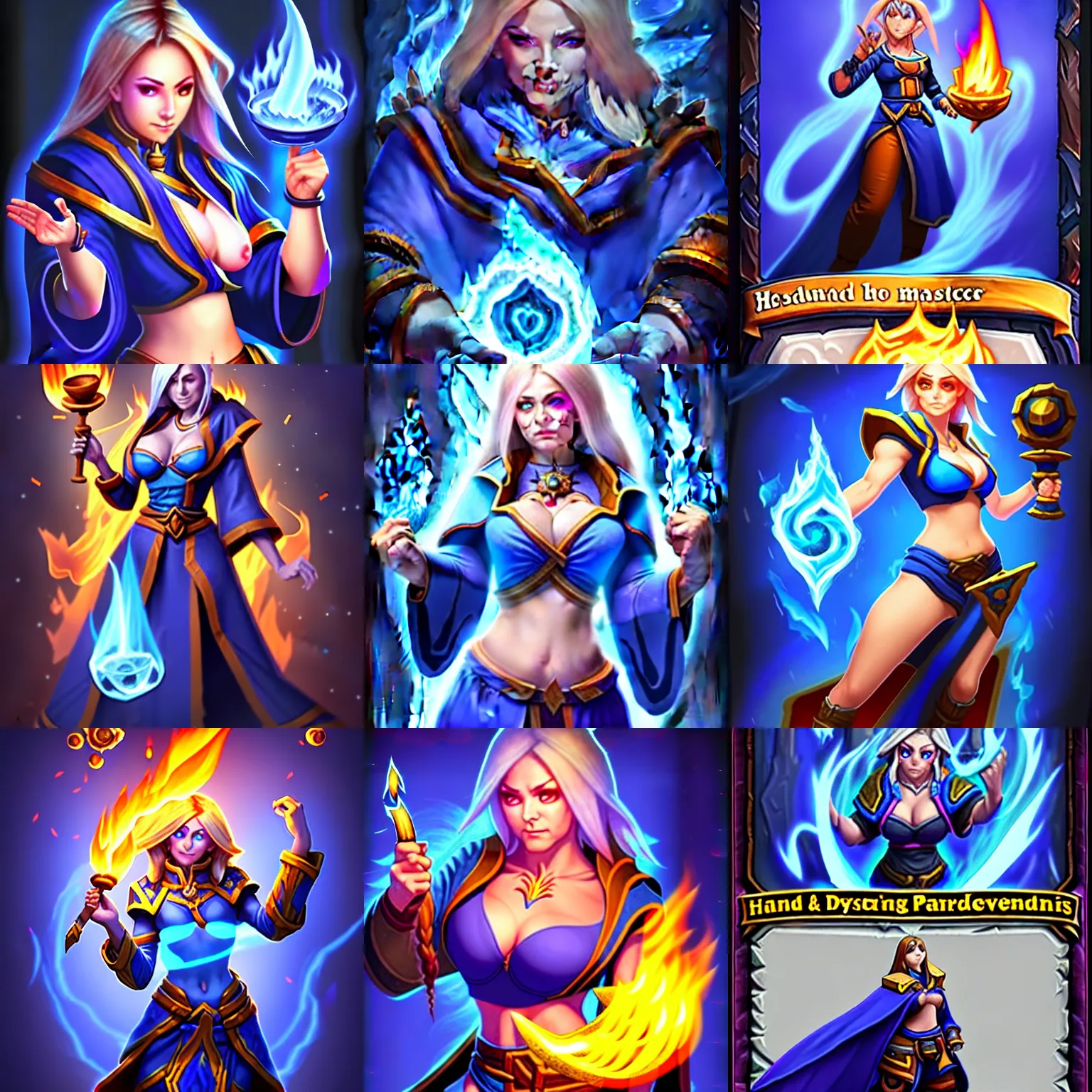 Prompt: Physical : tinyest midriff ever, largest haunches ever, fullest body, small head, huge breasts; Who : a female mage with a blue robe and casting a fire spell; Very important : Hearthstone official splash art, SFW, perfect master piece, award winning