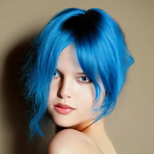 Prompt: very beautiful girl, blue hair, by Tran Ross