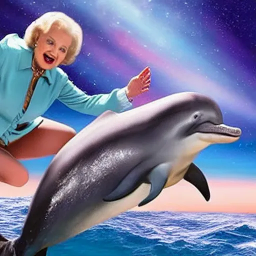 Prompt: betty white straddling a dolphin in space, 2 0 2 1 weta digital