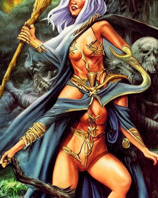 Image similar to Wizard gazing at a pinup of a witch reclining on a broom, by Jeff Easley