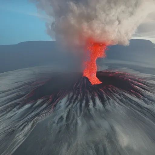 Prompt: A photorealistic aerial view of an active volcano, with lava flowing down its sides and billowing clouds of smoke and ash rising into the sky, rendered in unreal engine, trending on artstation, 8k resolution, 4k video, shot on a drone, drone footage, heavily detailed, bloom effect, rendered in octane, professional grade, professional photo.