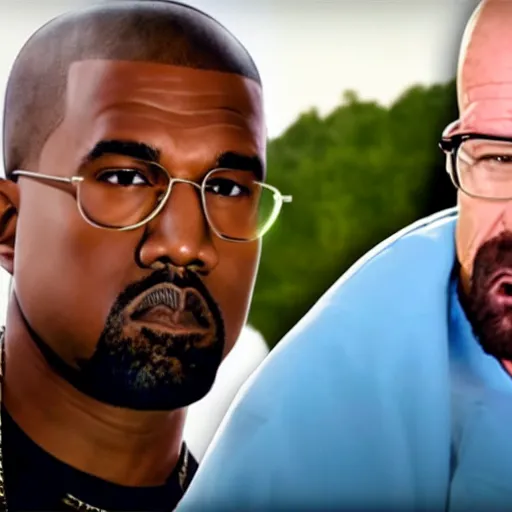 Image similar to kanye west and walter white gaming, playing fortnite on the tv