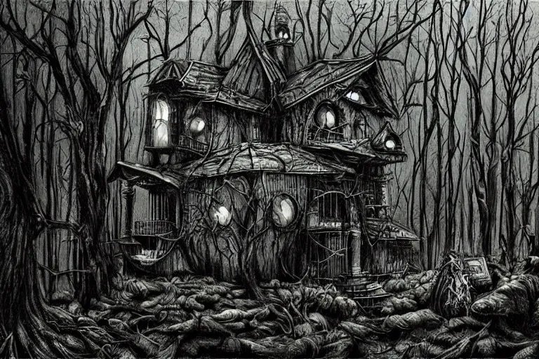 Image similar to mad horror painting of a futuristic alien witch house from another dimension in the woods by ben templesmith