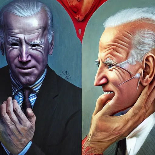 Image similar to terrifying, surreal portrait of joe biden with face sloughing off to reveal robot underneath l by j. c. leyendecker, bosch, william blake, stephen gammell, jon mcnaughton, and beksinski