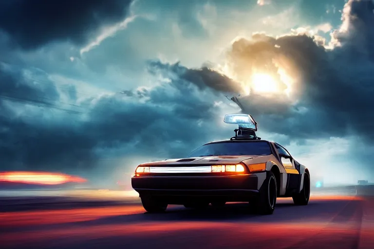 Image similar to Delorian on a road, huge clouds, sunset in the background , ultra low camera angle, super wide lens, tilted camera, high speed motion, cinematic, ultra resolution, octane render, top trending artstation, 4k, 8k, hyper realistic, digital art, incredible details,