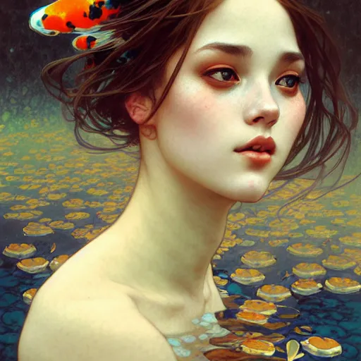Image similar to Portrait of a girl surrounded by Koi fish, face, fantasy, intricate, elegant, highly detailed, digital painting, artstation, concept art, smooth, sharp focus, illustration, art by Heady Tale and Artem Demura and alphonse mucha